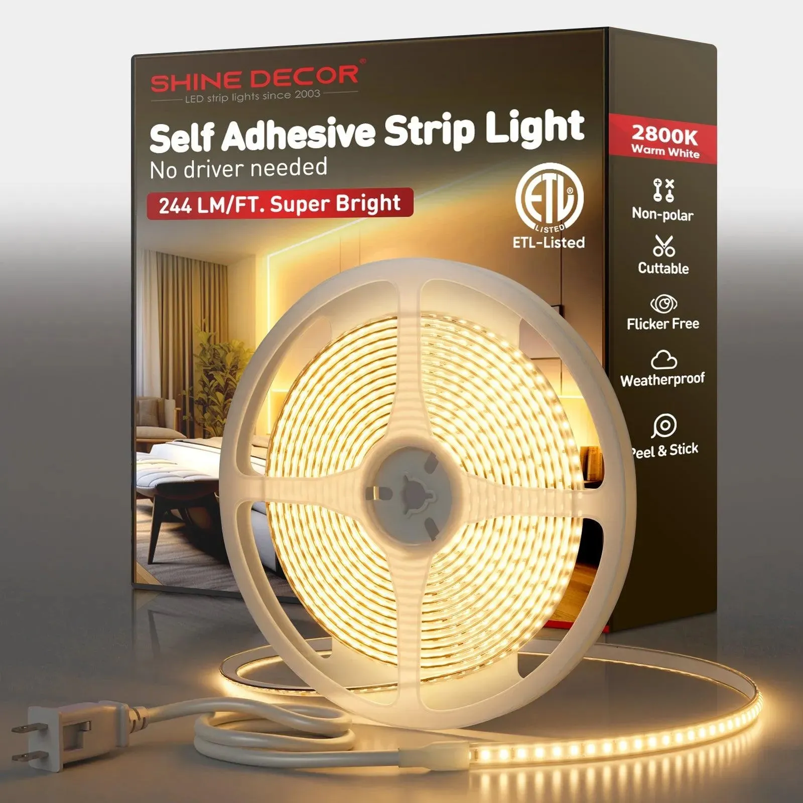 110V COB Led Strip Light Adhesive LED Tape Light 2800K Warm White