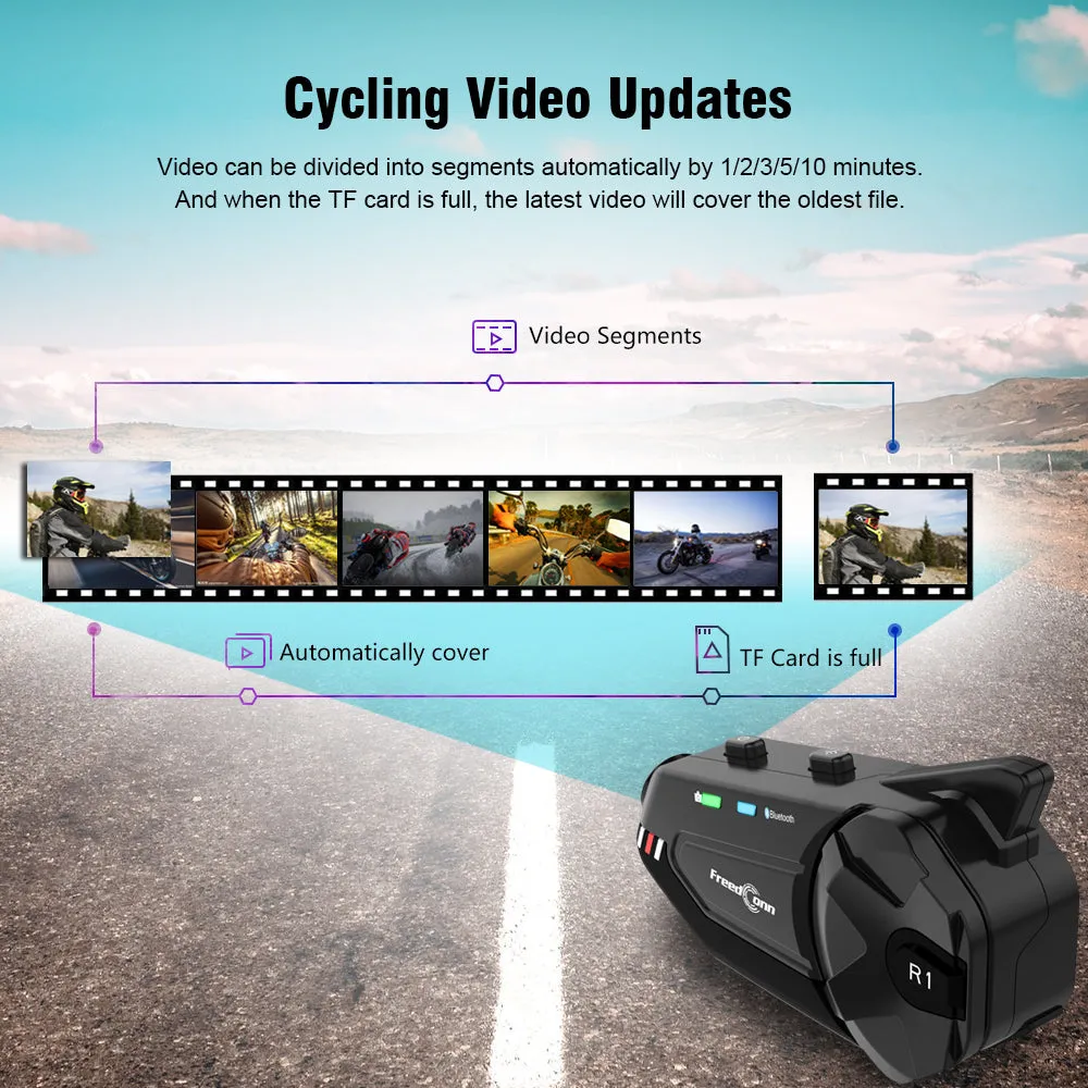 FreedConn Motocycle Helmet Waterproof Wireless Bluetooth Headset & 1080P Camera Recorder R1 Plus E/Dash Cam Camera/FM Radio/1000M Intercom/6 Riders Intercom/2 in 1 microphone;