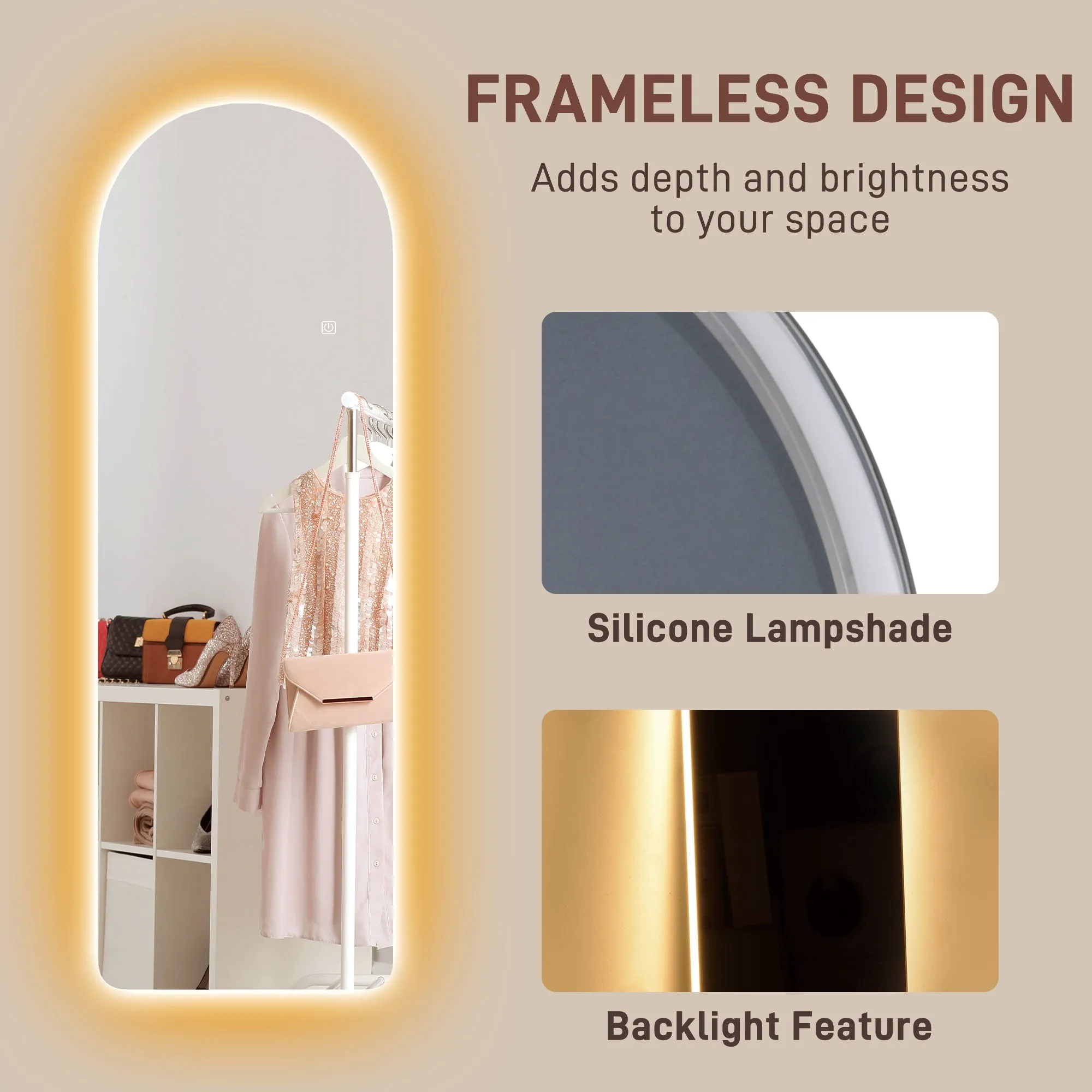 Full Length Wall Mirror with Lights Dimming and 3 Colour Adjustable