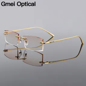 Gmei Men's Eyeglasses Titanium Rimless Gradient Brown Rectangle Golden Q6607