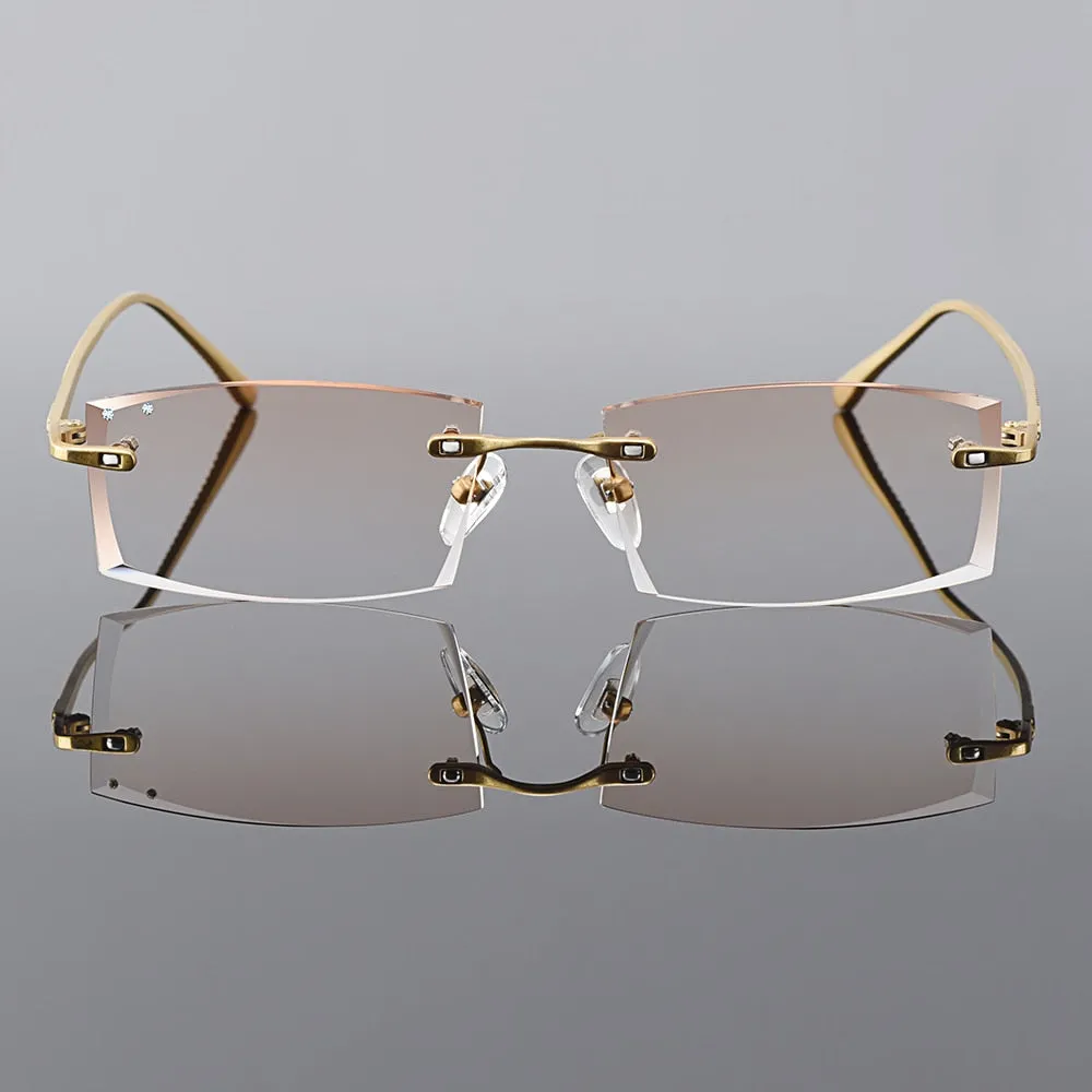 Gmei Men's Eyeglasses Titanium Rimless Gradient Brown Rectangle Golden Q6607