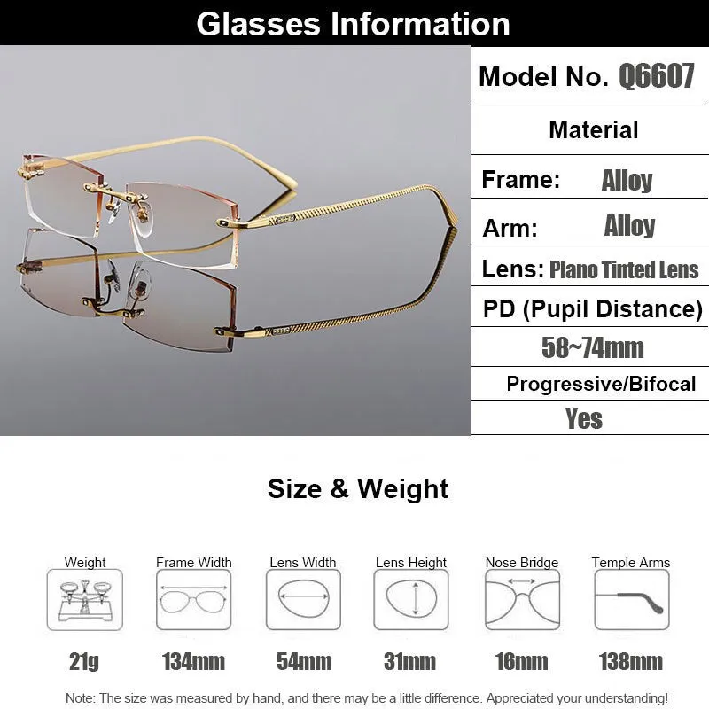 Gmei Men's Eyeglasses Titanium Rimless Gradient Brown Rectangle Golden Q6607