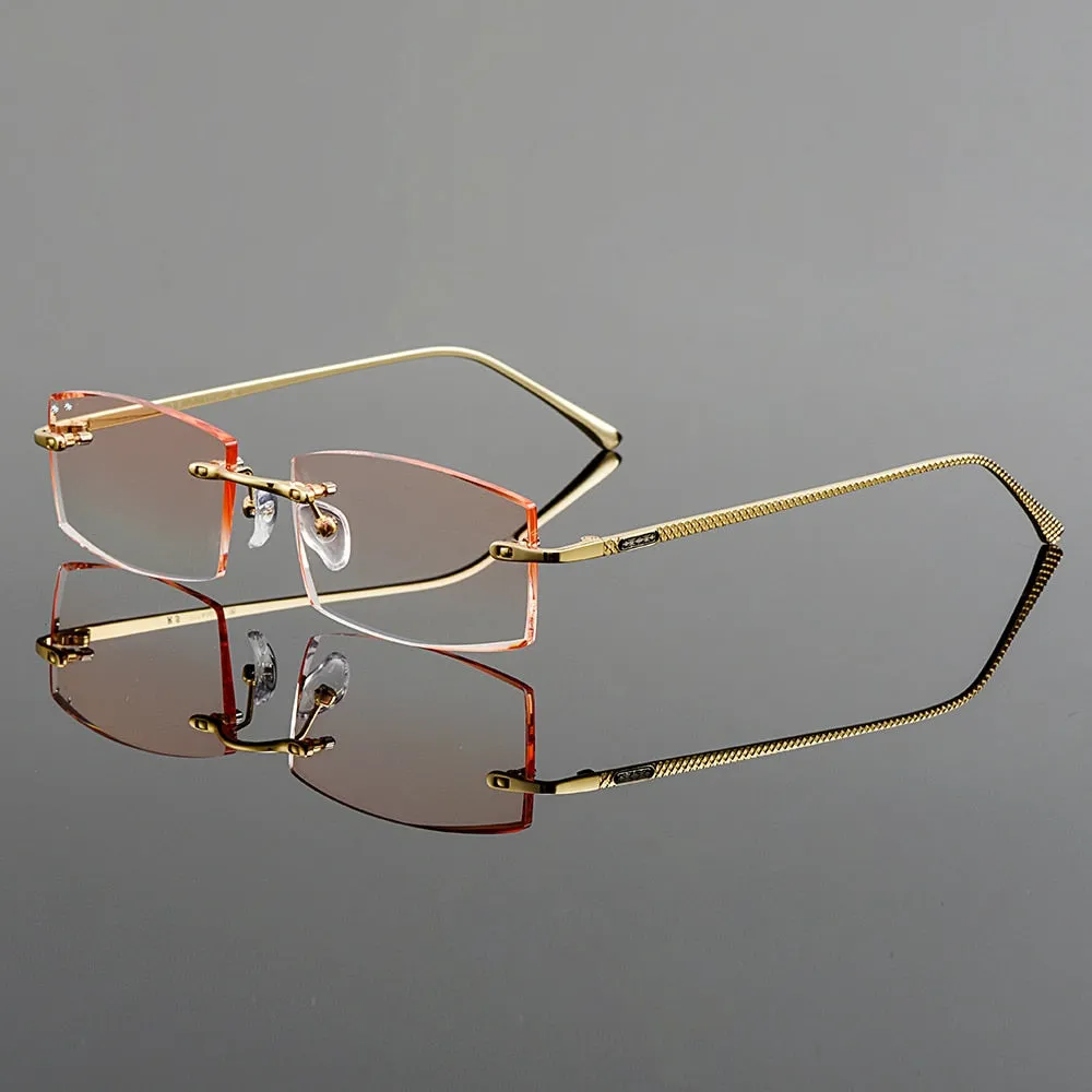 Gmei Men's Eyeglasses Titanium Rimless Gradient Brown Rectangle Golden Q6607