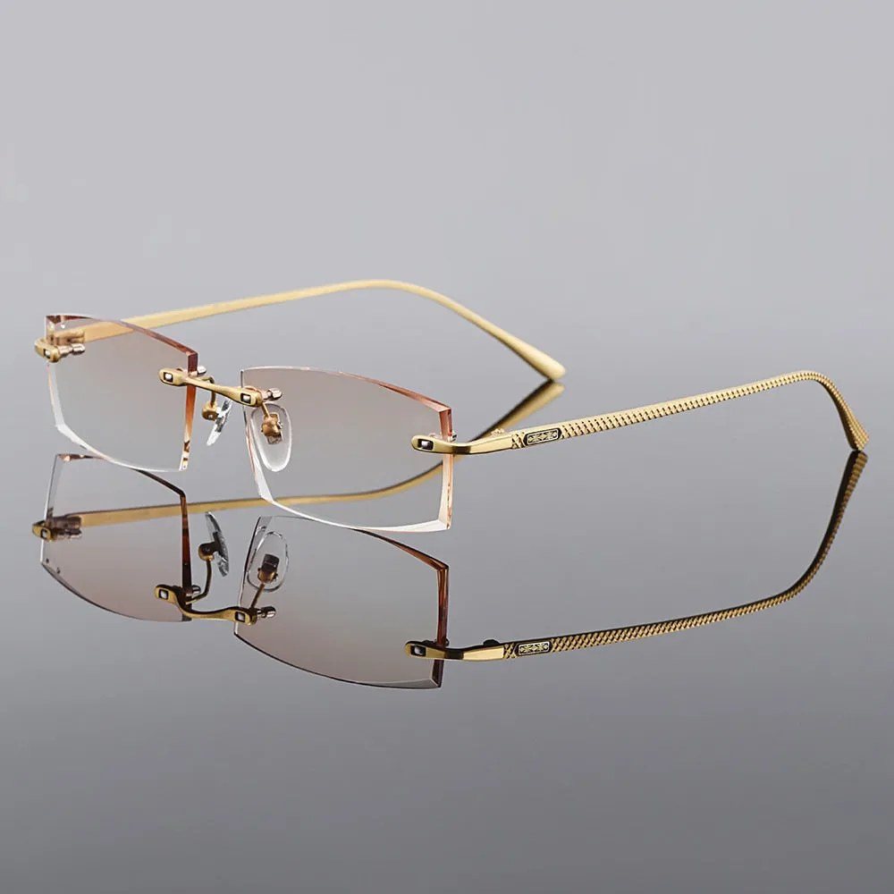 Gmei Men's Eyeglasses Titanium Rimless Gradient Brown Rectangle Golden Q6607