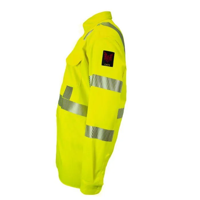 Hi-Vis Utility Work Shirt - Fire (FR) and Arc Flash Resistant, Pockets, 2 in. Silver Segmented Reflective Trim, Type R Class 3 - National Safety Apparel