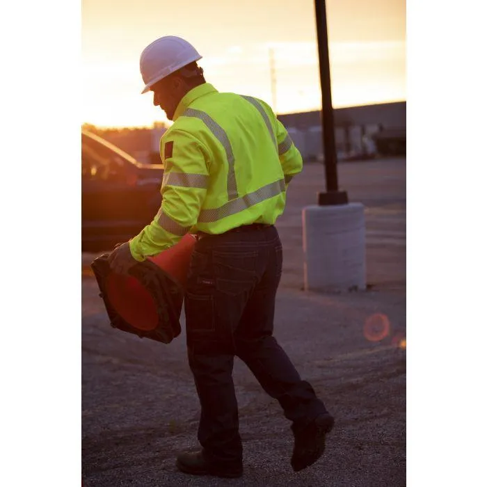 Hi-Vis Utility Work Shirt - Fire (FR) and Arc Flash Resistant, Pockets, 2 in. Silver Segmented Reflective Trim, Type R Class 3 - National Safety Apparel