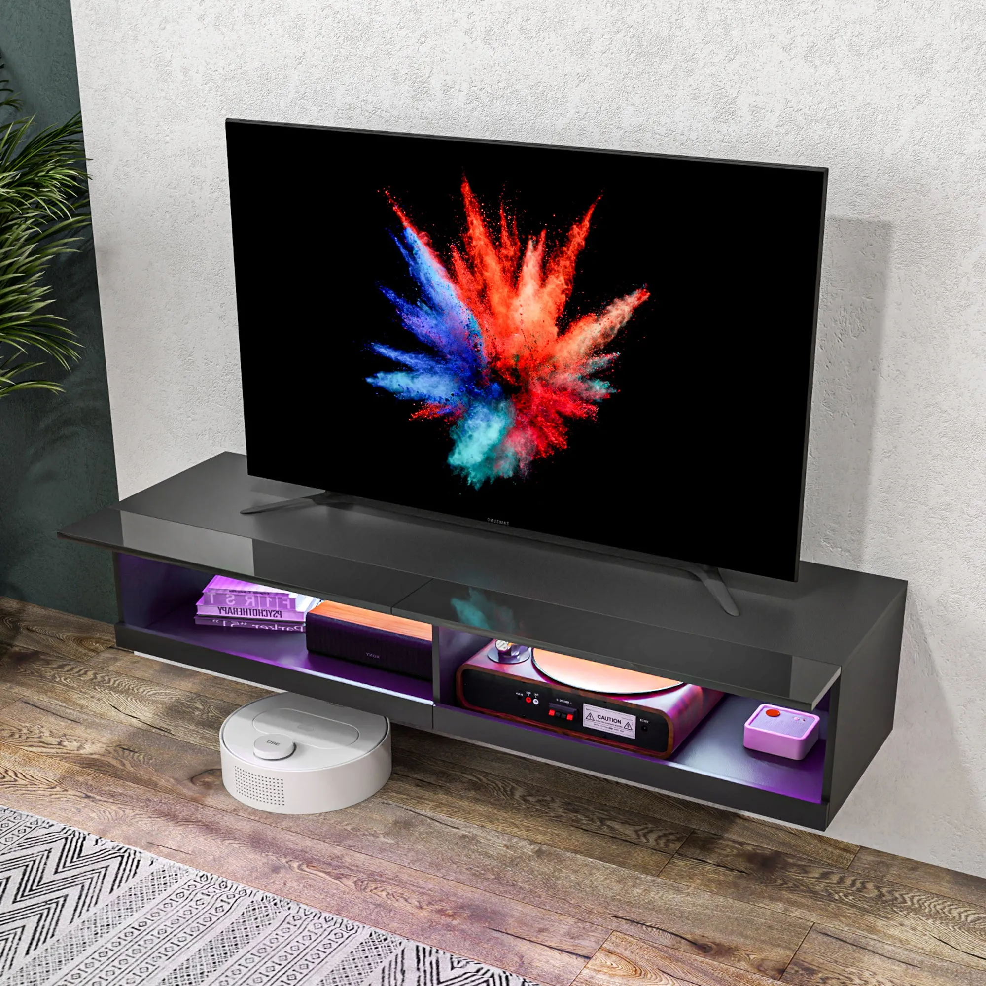 High Gloss TV Stand Unit Wall Mounted with LED Lights, Black