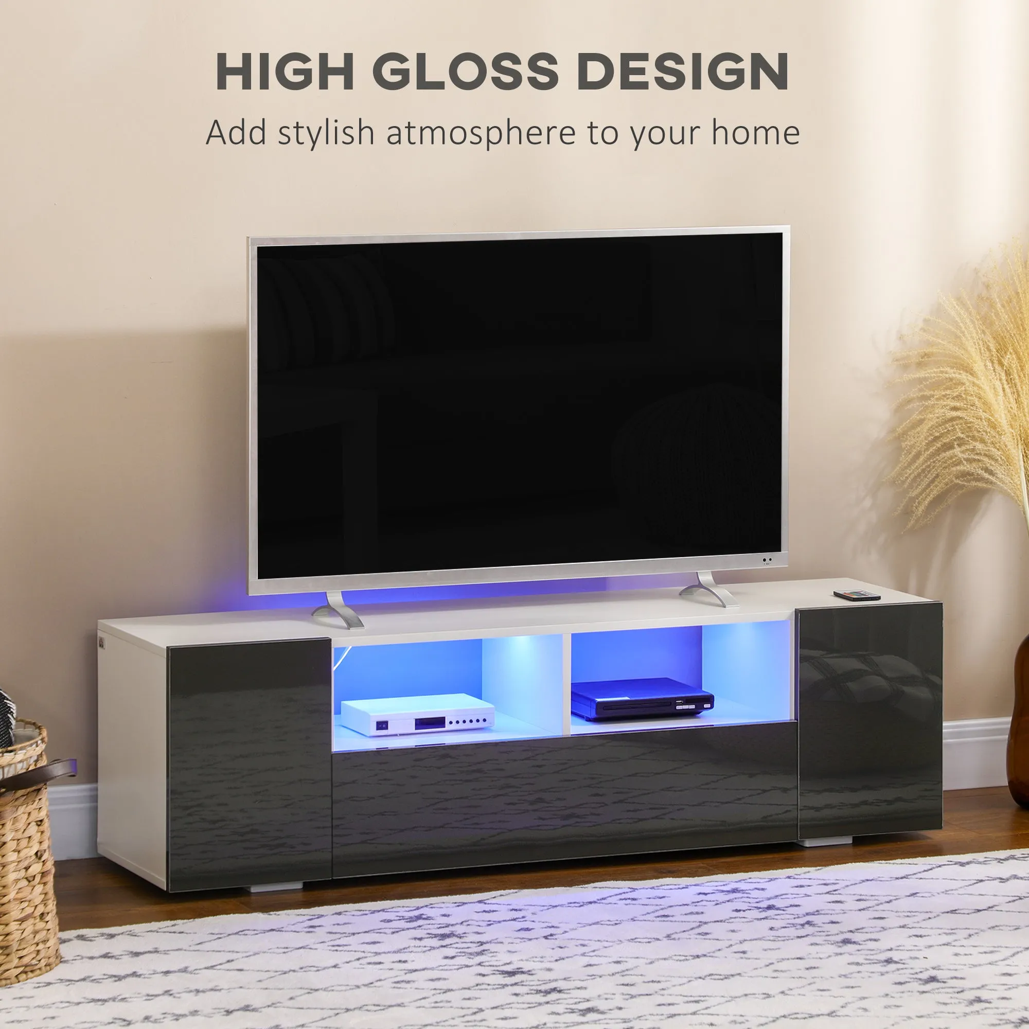 Modern TV Stand Unit for TVs up to 60" with LED Lights, Storage Shelves and Cupboards, 137cmx35cmx42cm, Grey