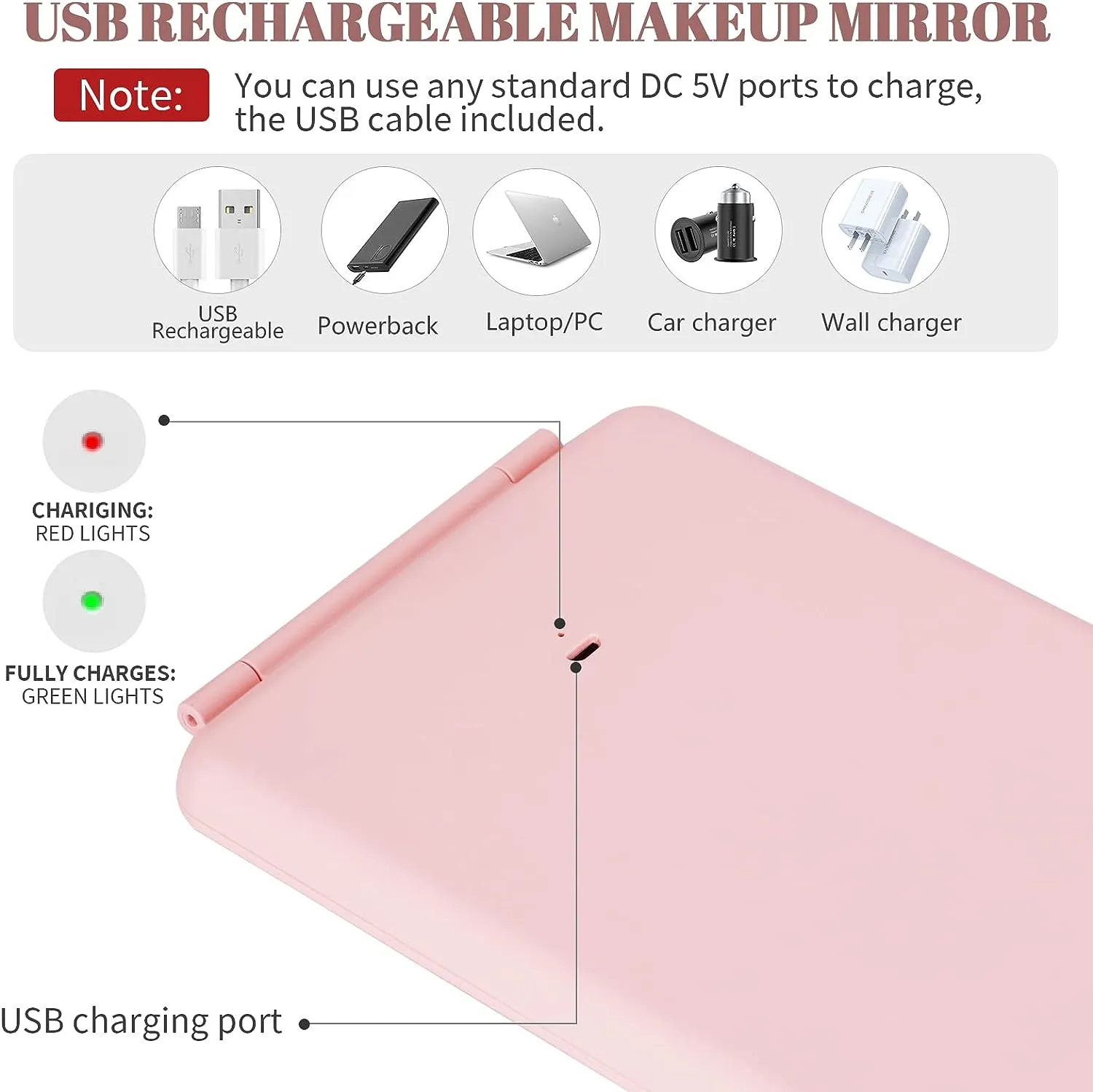 Travel Mirror Rechargeable Makeup Mirrors-Pink