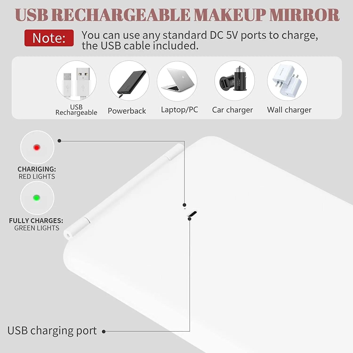 Travel Mirror Rechargeable Makeup Mirrors-White