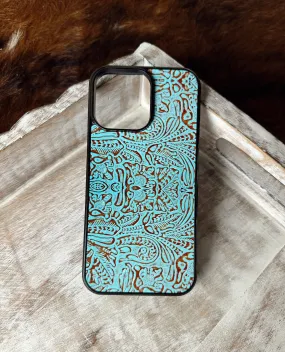 Turquoise & brown leather print phone case (not real leather)